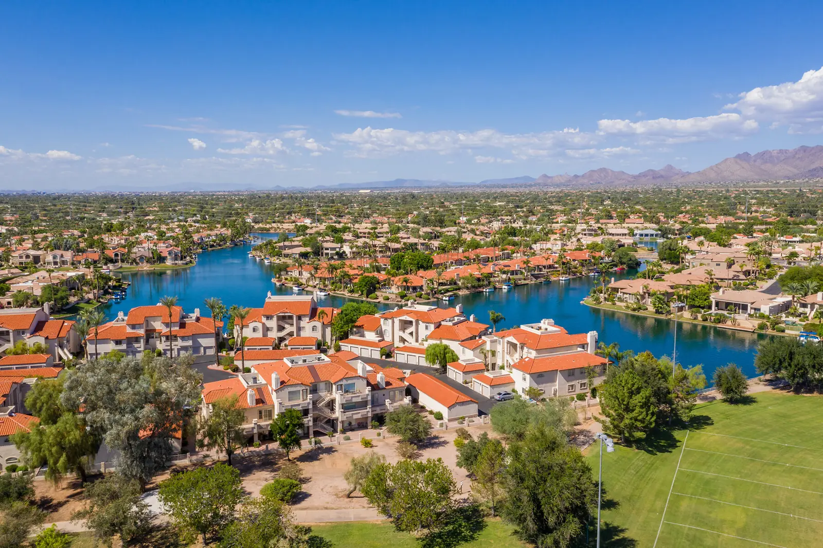 Master-planned lakeside community from the air on a clear day