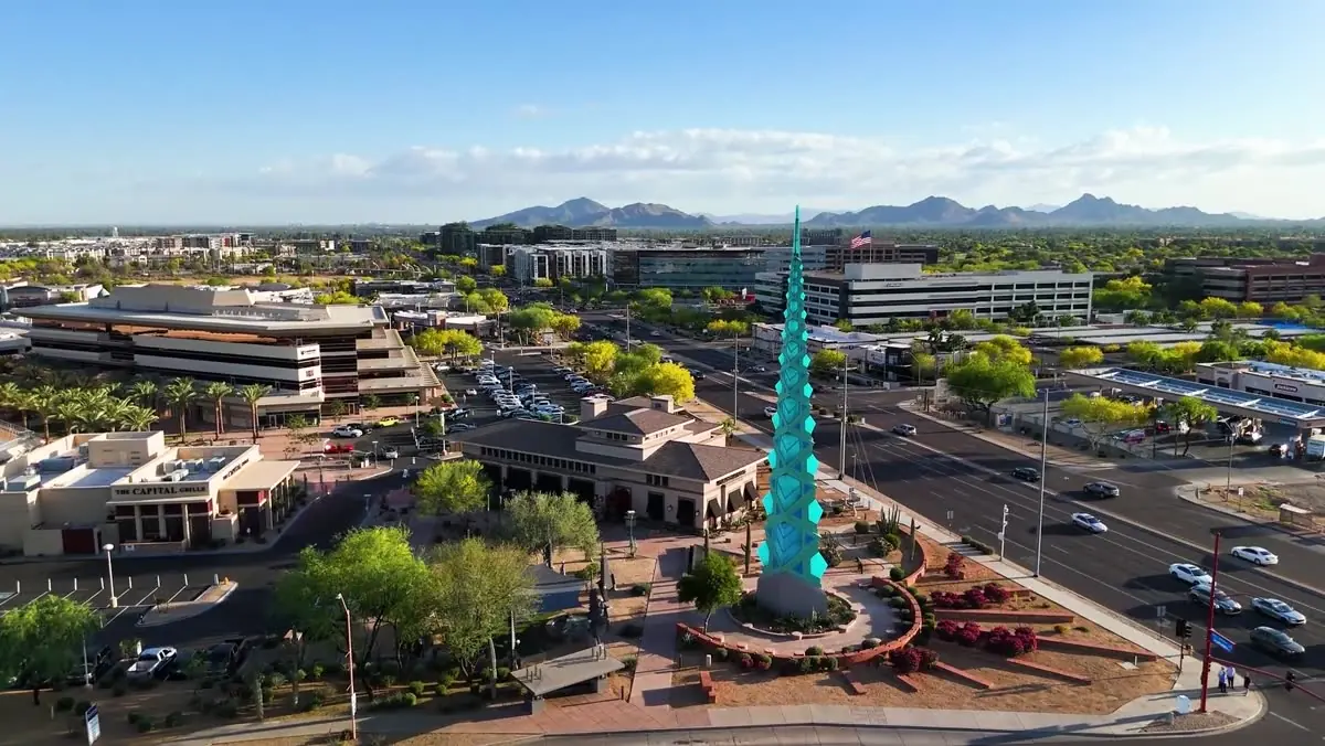 Aerial motion over a Scottsdale development at golden hour